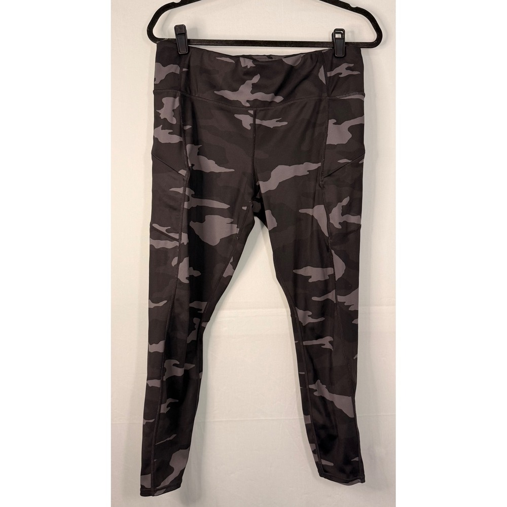 Athleta Camo Leggings Women Large Black Grey High Rise Pockets Activewear Tights